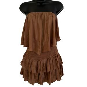 Mustard Seed Women Boho Brown Strapless Open Smocked Back Ruffle Romper Size M